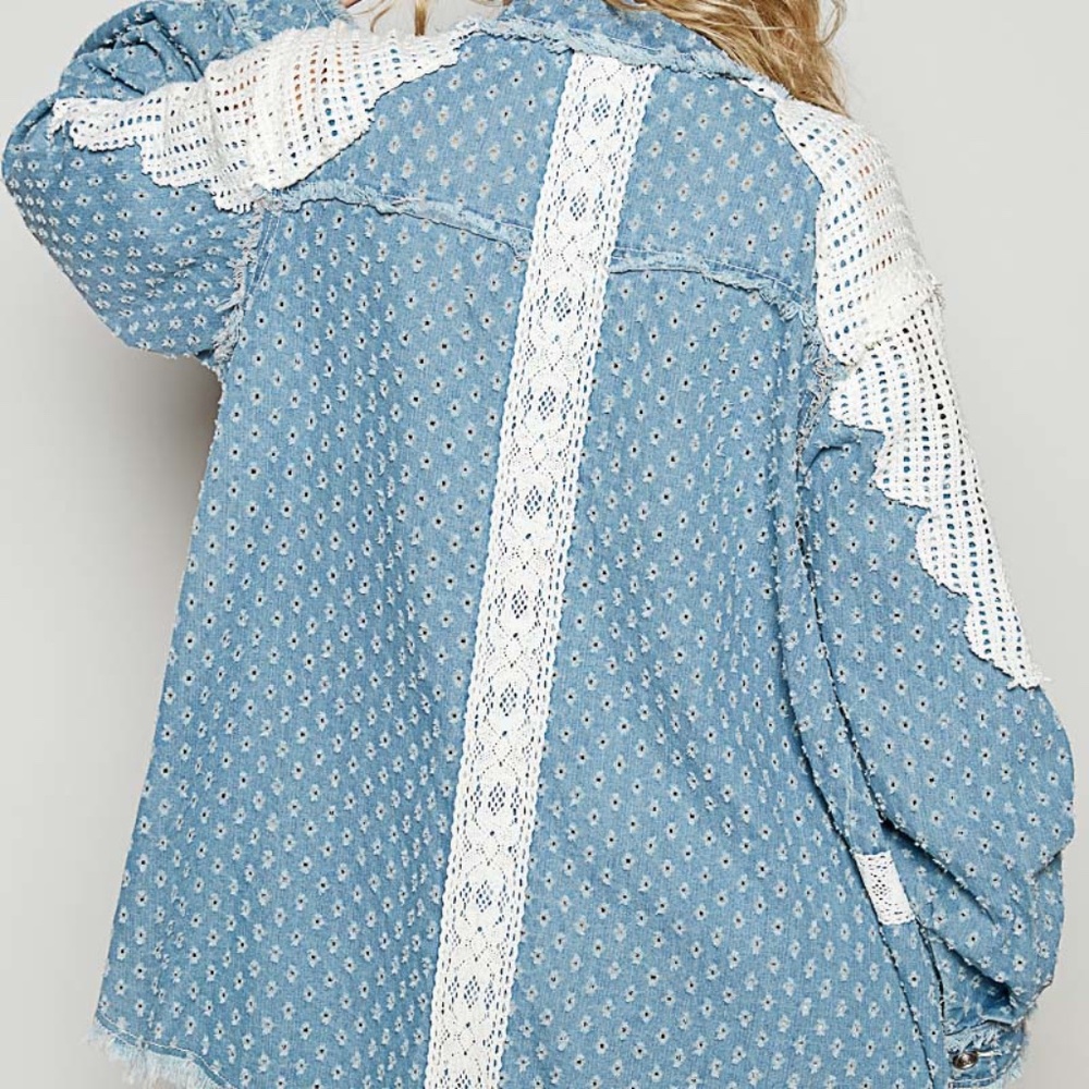 POL Clothing Roomy Fit Textured Denim Button Front Shirt